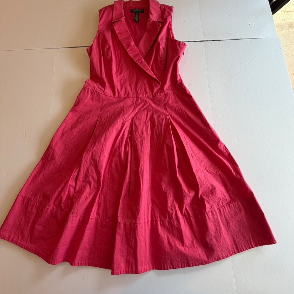 Lauren Ralph Lauren Pink Sleeveless Fit Flare Midi Dress Size 14 Cotton Surplice - Picture 3 of 7